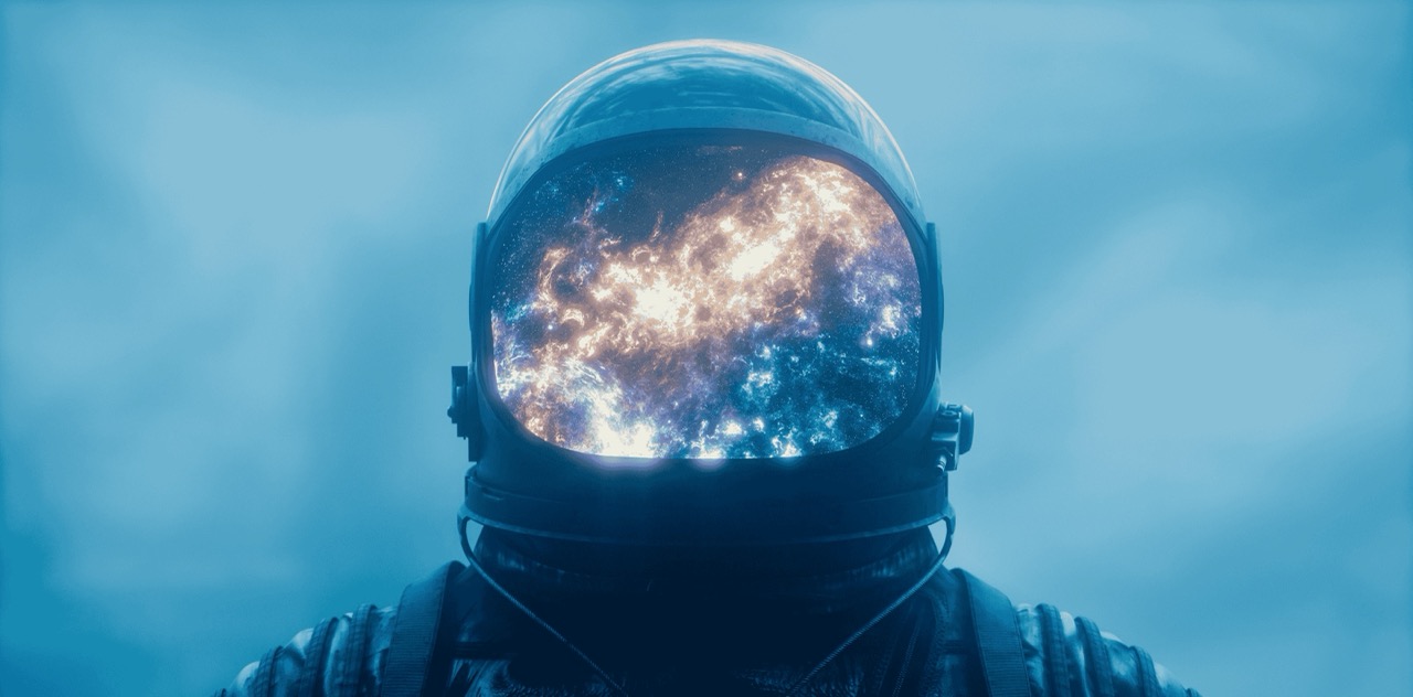 Astronaut floating in space with reflection of the galaxy in his helmet