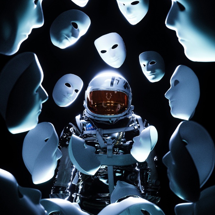 Numerous anonymous masks surrounding one astronaut in dark space