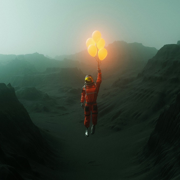 Astronaut floating in the air, holding to the group of balloons